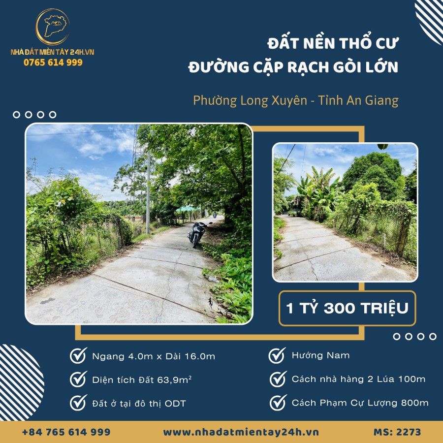 🔥 CẮT LỖ - ĐẤT NỀN ĐƯỜNG Ô TÔ - PHÁP LÝ RÕ RÀNG, TẠI ĐƯỜNG CẶP RẠCH GÒI LỚN, PHƯỜNG LONG XUYÊN (MS 2273) 🔥