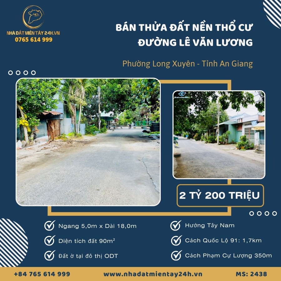 🚀 ĐẤT NỀN THỔ CƯ MẶT TIỀN ĐƯỜNG LÊ VĂN LƯƠNG, PHƯỜNG LONG XUYÊN, AN GIANG (MS: 2438) 🚀