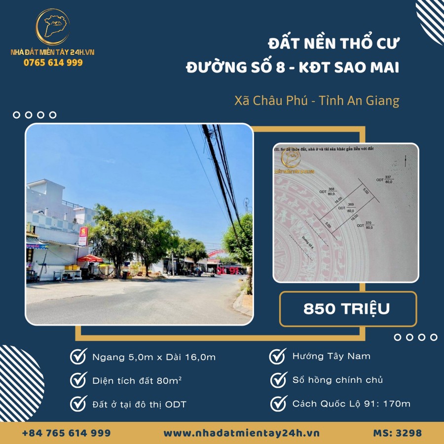 💥 BÁN ĐẤT NỀN MẶT TIỀN ĐƯỜNG SÔ 8 - KĐT SAO MAI CHÂU PHÚ, AN GIANG (MS: 3298) 💥