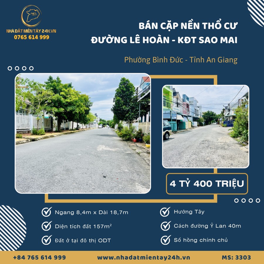 🏡 BÁN CẶP NỀN THỔ CƯ MẶT TIỀN ĐƯỜNG LÊ HOÀN - KĐT SAO MAI, PHƯỜNG BÌNH ĐỨC, AN GIANG (MS: 3303) 🏡