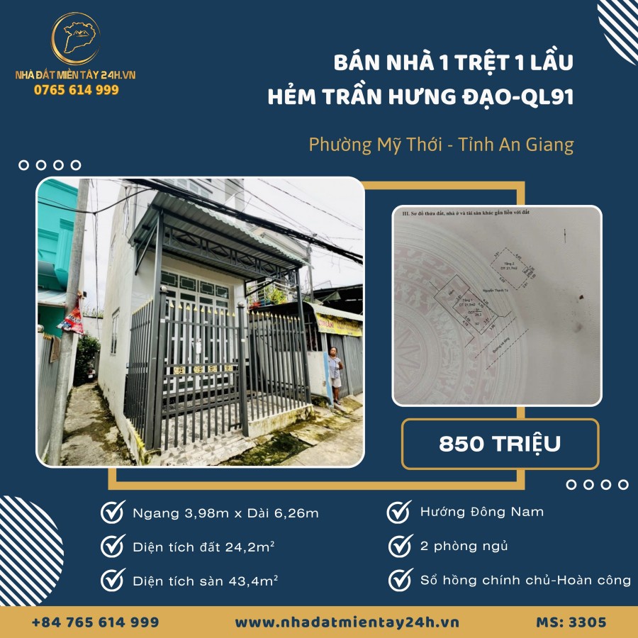 BÁN NHÀ 1 TRỆT 1 LẦU - ĐÃ HOÀN CÔNG, HẺM TRẦN HƯNG ĐẠO (QUỐC LỘ 91) PHƯỜNG MỸ  THỚI, AN GIANG (MS: 3305)