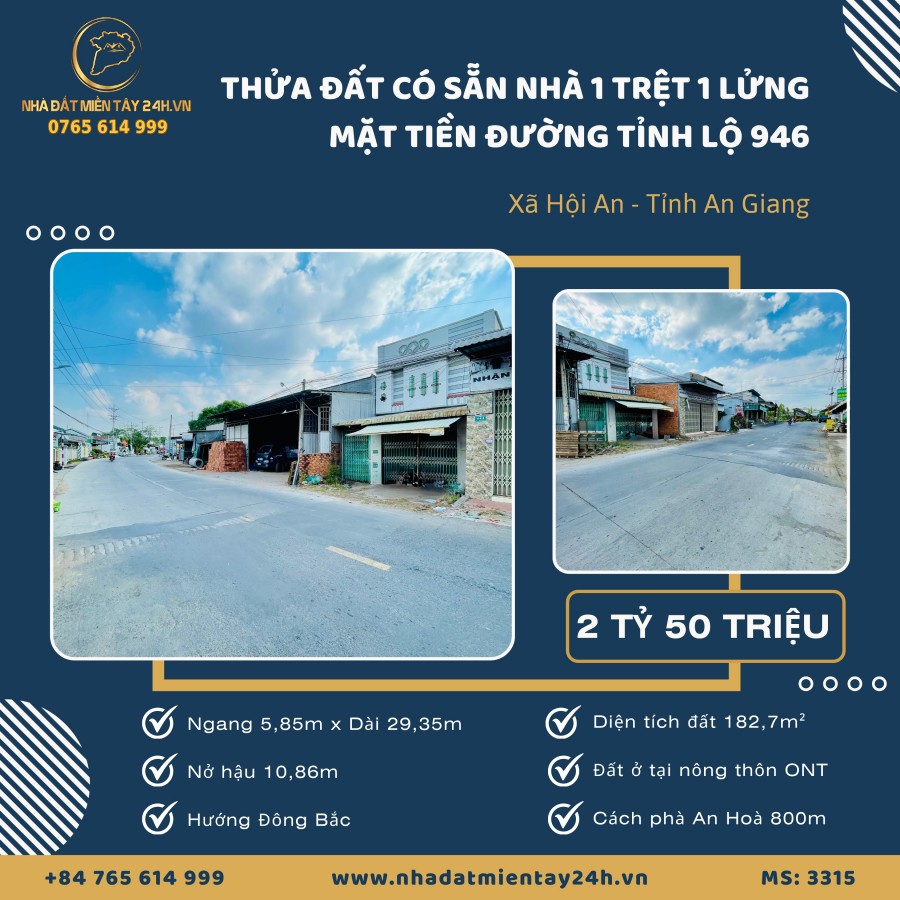 🏡 BÁN THỬA ĐẤT CÓ NHÀ 1 TRỆT 1 LỬNG MẶT TIỀN TỈNH LỘ 946, XÃ HỘI AN, AN GIANG (MS: 3315) 🏡