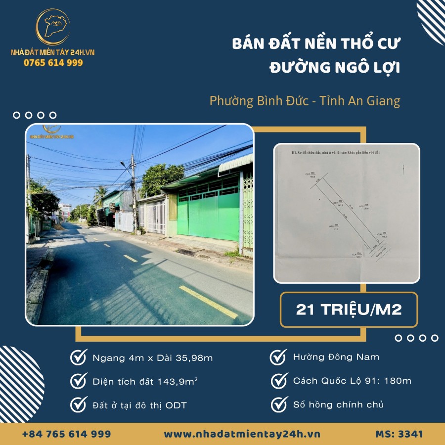 🏡 BÁN THỬA ĐẤT NỀN THỔ CƯ MẶT TIỀN ĐƯỜNG NGÔ LỢI, PHƯỜNG BÌNH ĐỨC (MS: 3341) 🏡