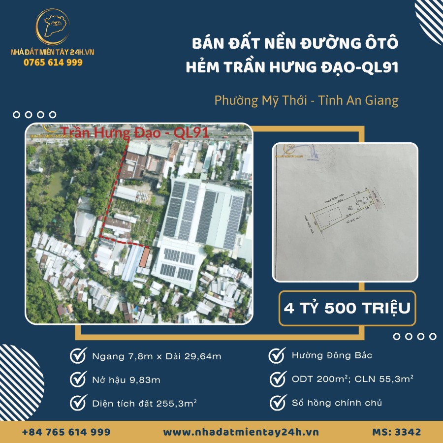🏆 BÁN THỬA ĐẤT 255,3M2, MẶT TIỀN 7,28M (NỞ HẬU) - HẺM TRẦN HƯNG ĐẠO (QUỐC LỘ 91), PHƯỜNG MỸ THỚI (MS: 3342) 🏆