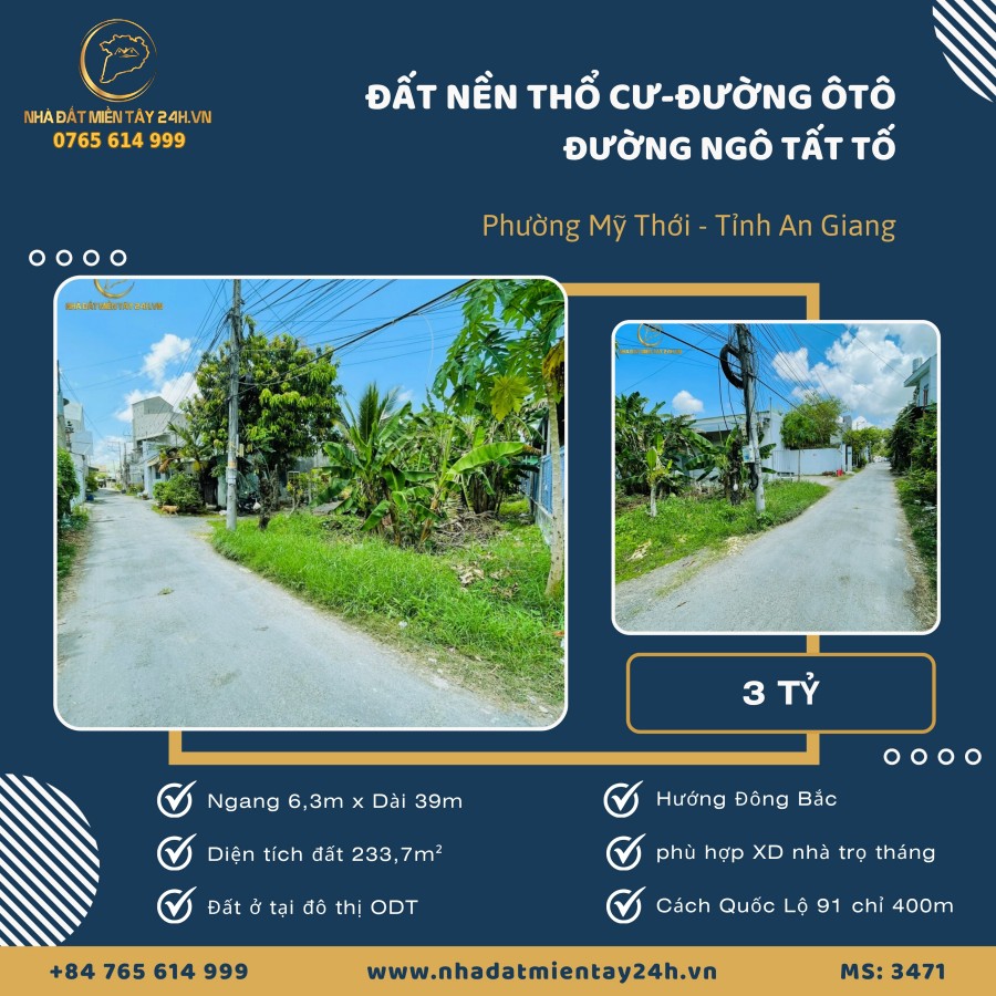 🏡 BÁN LÔ ĐẤT THỔ CƯ MẶT TIỀN ĐƯỜNG NGÔ TẤT TỐ – PHƯỜNG MỸ THỚI, AN GIANG (MS: 3471) 🏡