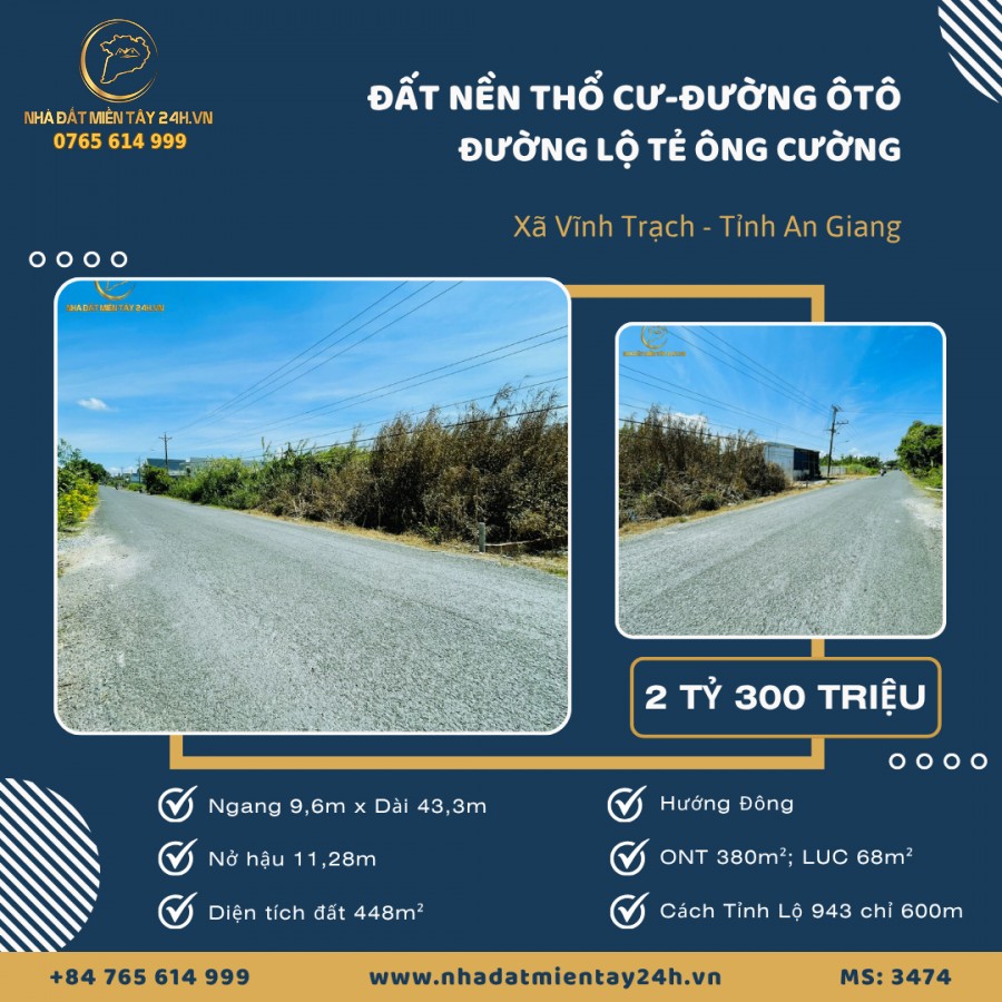 🏡 BÁN ĐẤT THỔ CƯ MẶT TIỀN LỘ TẺ ÔNG CƯỜNG – XÃ VĨNH TRẠCH, AN GIANG - THÍCH HỢP XÂY DƯNG KHO BÃI (MS: 3474) 🏡