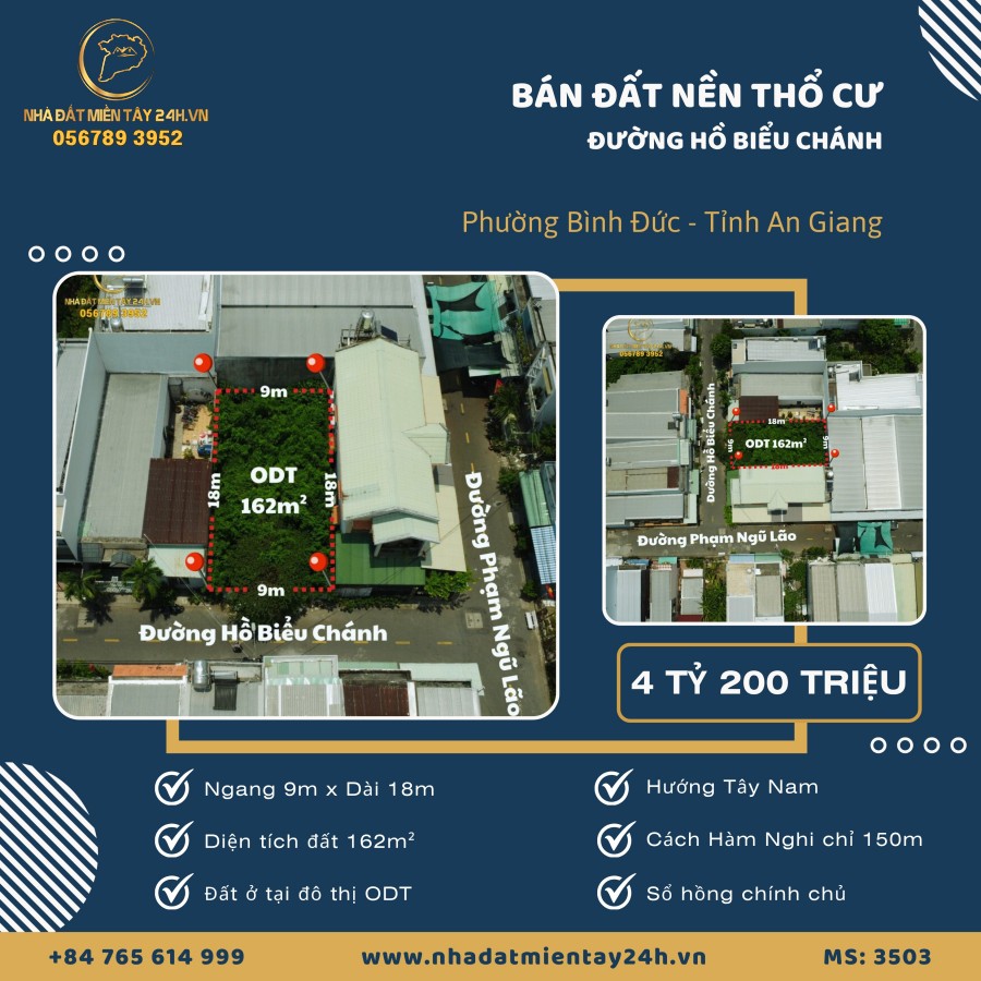 🌟 BÁN NỀN THỔ CƯ MẶT TIỀN 9M – ĐƯỜNG HỒ BIỂU CHÁNH – PHƯỜNG BÌNH ĐỨC, AN GIANG (MS: 3503) 🌟