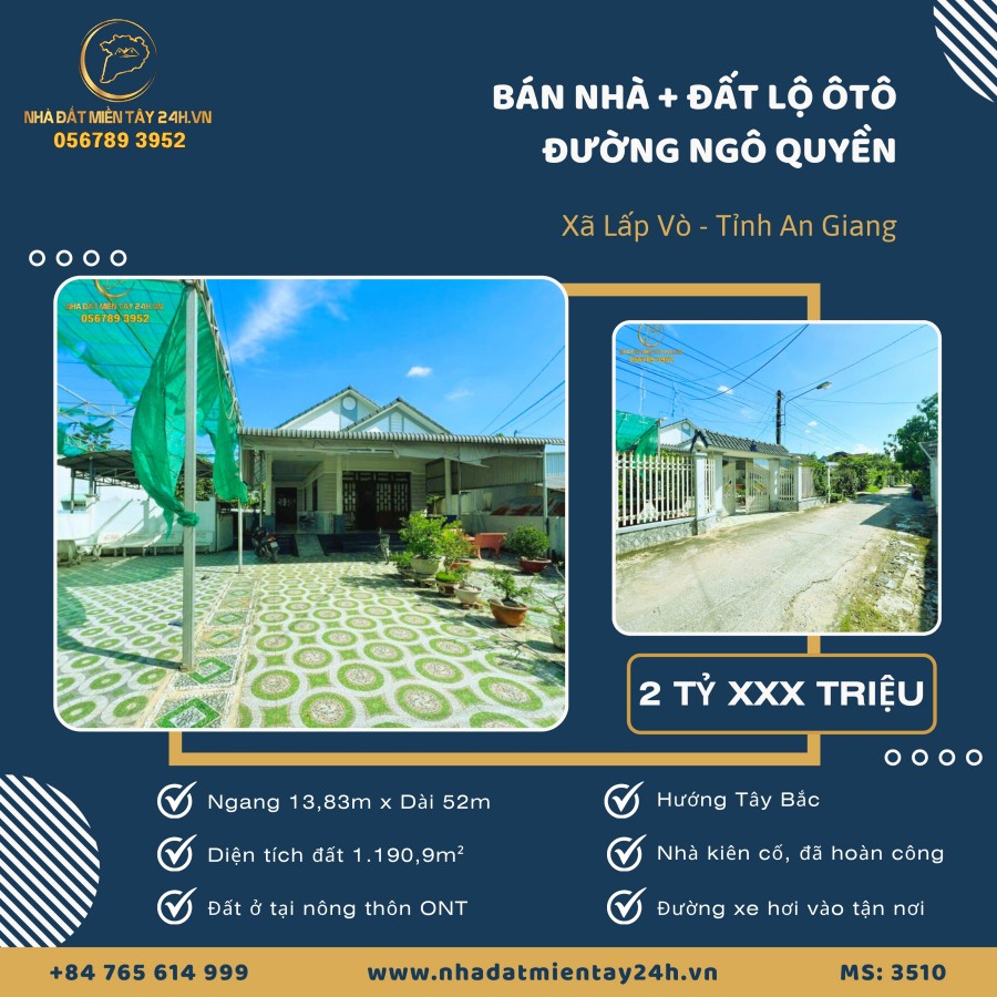 🌟 BÁN NHÀ ĐÃ HOÀN CÔNG + ĐẤT SÂN VƯỜN VIEW SÔNG – ĐƯỜNG NGÔ QUYỀN, XÃ LẤP VÒ, ĐỒNG THÁP (MS: 3510) 🌟