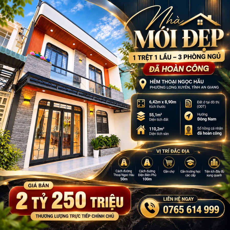 🏡✨ NHÀ MỚI ĐẸP 1 TRỆT 1 LẦU – 3 PHÒNG NGỦ - ĐÃ HOÀN CÔNG – HẺM THOẠI NGỌC HẦU, PHƯỜNG LONG XUYÊN (MS: 3661) ✨🏡​